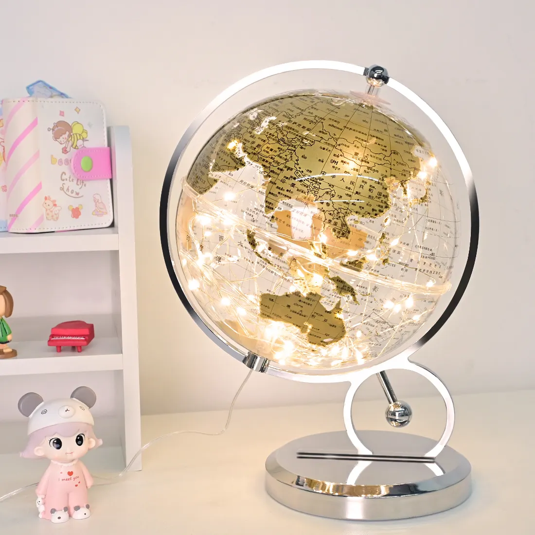 20cm 8 pollici trasparente trasparente illuminato led world globe metallo decorativo per l'istruzione home office hotel