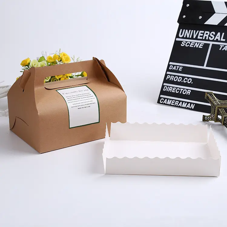 China fornecedor logotipo personalizado alça dobrável sobremesa padaria reembalar caixas de gable com bandeja de papel