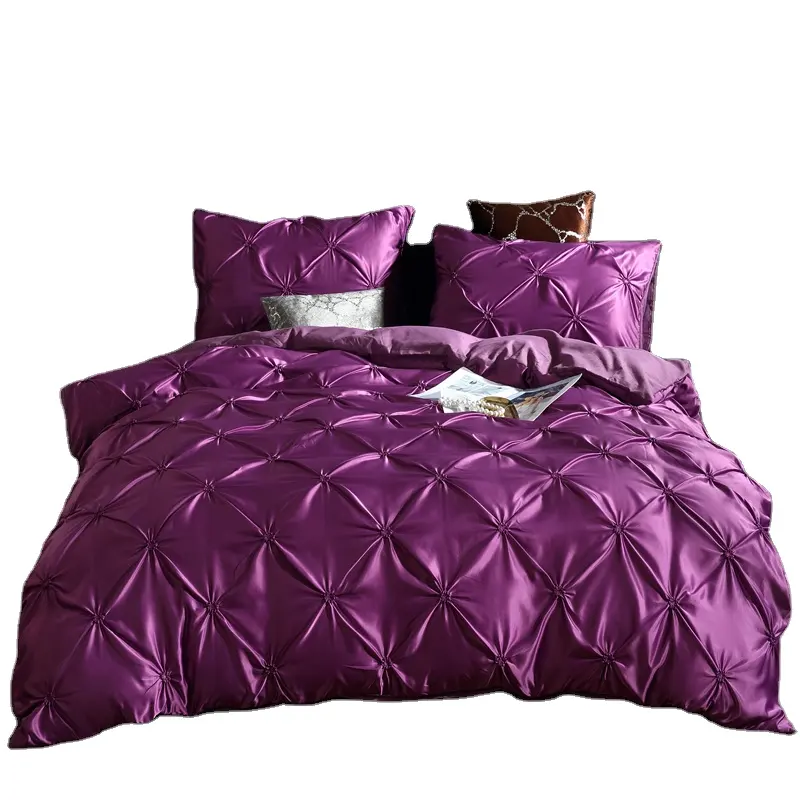 Color púrpura Pinch pliegue 3pc reina rey tamaño edredón cubierta de pliegues de luz gris cubierta de cama