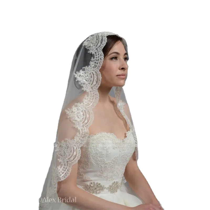 طرحة دانتيل للزفاف, أكسسوار زفاف قصير لزفاف المرأة من الدانتيل ناعمًا بالألوان الأبيض العاجي بحافة من الدانتيل