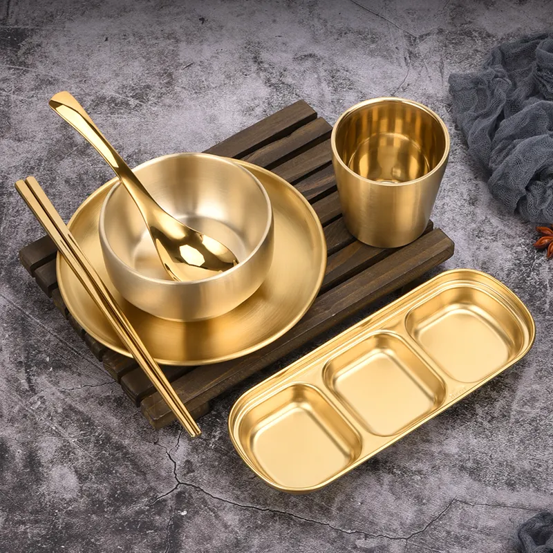 6pcs Korean Barbecue BBQ Tableware Set Stainless Steel Gold Dinnerware Luxury High Quality Stainless Steel Gold Cutlery Set
