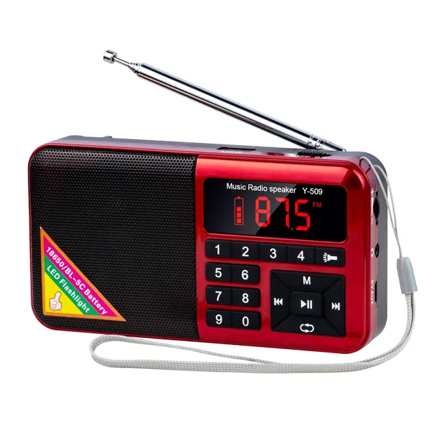 Radio fm portatile lettore mp3 con altoparlante torcia elettrica Esterna pocket radio 18650 batteria
