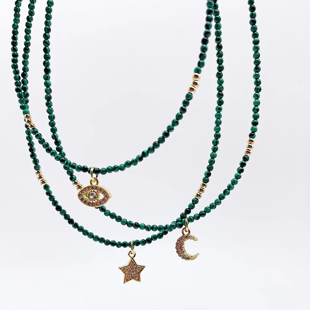 Collana con Chocker con perline di 2mm di Malachite verde piccola per donne con strass occhio fortunato portafortuna