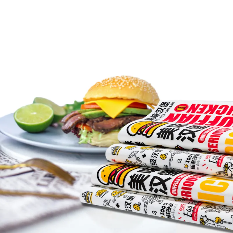 Tek kullanımlık özelleştirilebilir xosografi logo hamburger sandviç deli ambalaj yağ geçirmez gıda sınıfı pe kaplamalı kağıt tepsi kağıt