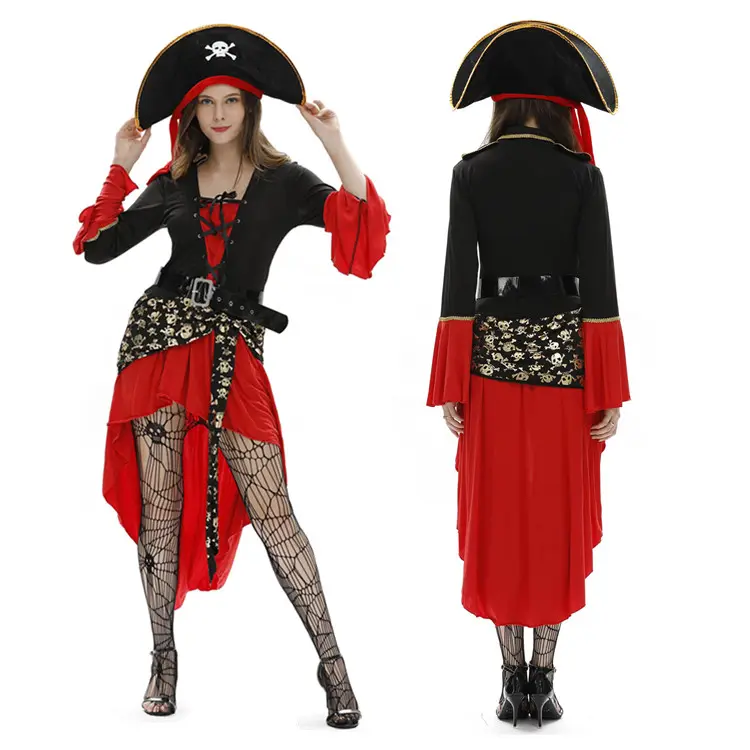 Atacado Carnaval Cosplay Caveira traje pirata feminino vermelho sexy luxuoso vestido pirata trompete manga assimétrica