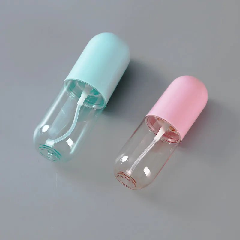 F New Pattern 40ml 60ml PET Plastic Macaron Color Pill Capsule Shaped Pink Blue Cosmetic Spray Pump Bottles