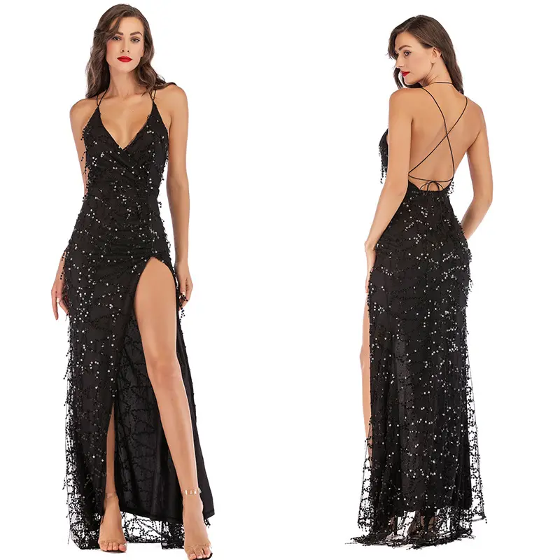 Vestidos de Noche elegantes de fiesta para mujer, ropa Sexy con cuello en V, tirantes, Espalda descubierta, lentejuelas largas, Maxi, 2021