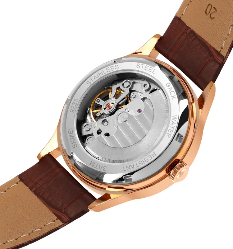 SKMEI 9238 wholesale OEM ODM Visible back cover deep water leather strap resistance automatic movement mechanical watch