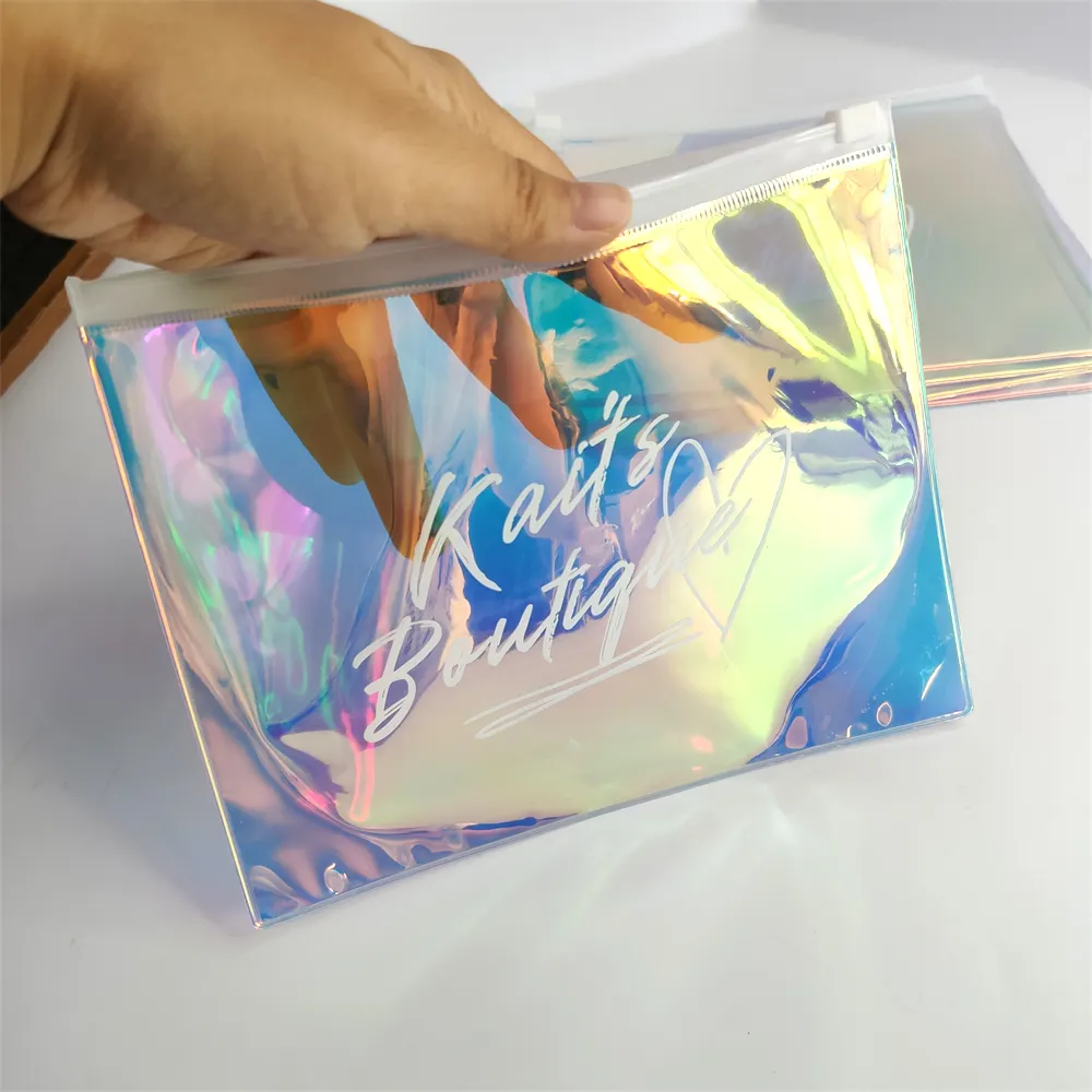 Edle benutzer definierte Logo holo graphische Film Kosmetik Display Verpackung Taschen Laser Transparente PVC-Tasche Mit Reiß verschluss Kunststoff Druck verschluss Beutel