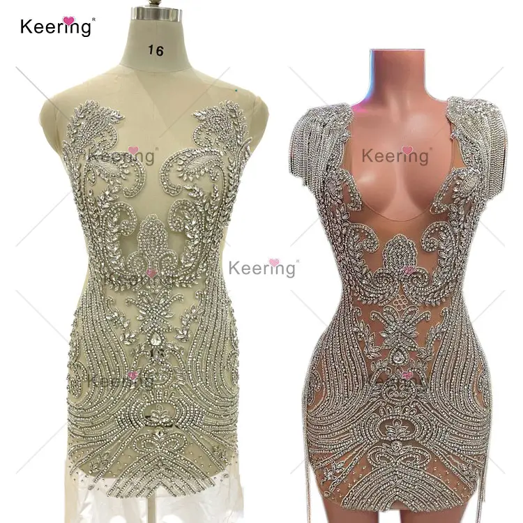 Keering abito da sposa oro argento perline strass corpetto Applique cristallo per indumento grandi donne nere WDP-406
