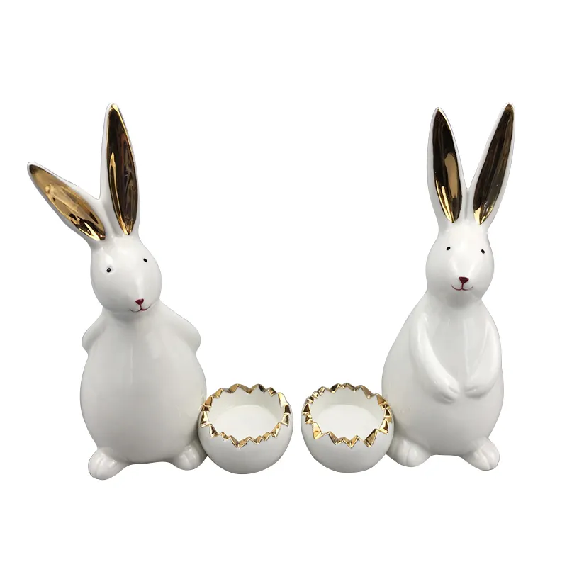 Cute Easter Bunny Shaped Ceramic Rabbit Candle Holder With Easter Egg Cup Holder