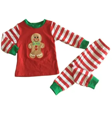 Vendita calda bambini vestiti di natale per bambini santa ricamo camicia a maniche lunghe pantaloni a righe set di abbigliamento per ragazza all'ingrosso