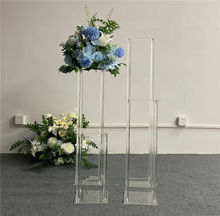 Clear Acrylic Flower Vase Stand Wedding Centerpieces Tabletop Decorations With Square Base Display Rack Crystal Stage Pillar