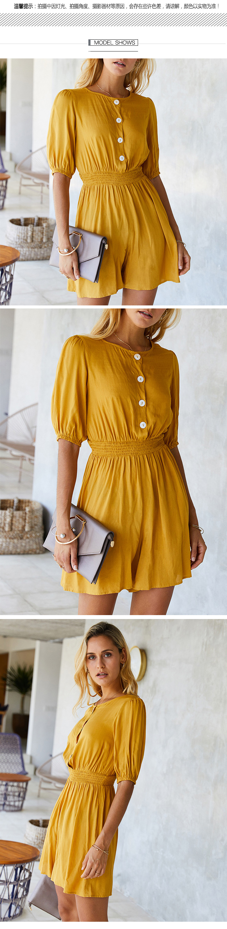 2021 Manufacturer New fashion design Summer elastic waist button top half sleeves Square Collar solid short Jumpsuits