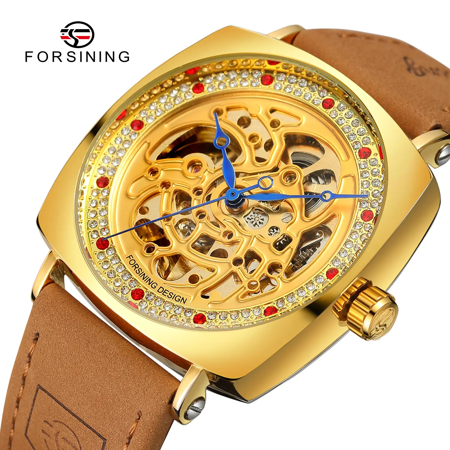 Forsining-Relojes mecánicos con correa de cuero genuino para hombre, reloj de pulsera de oro con esfera de diamante de lujo, esqueleto automático