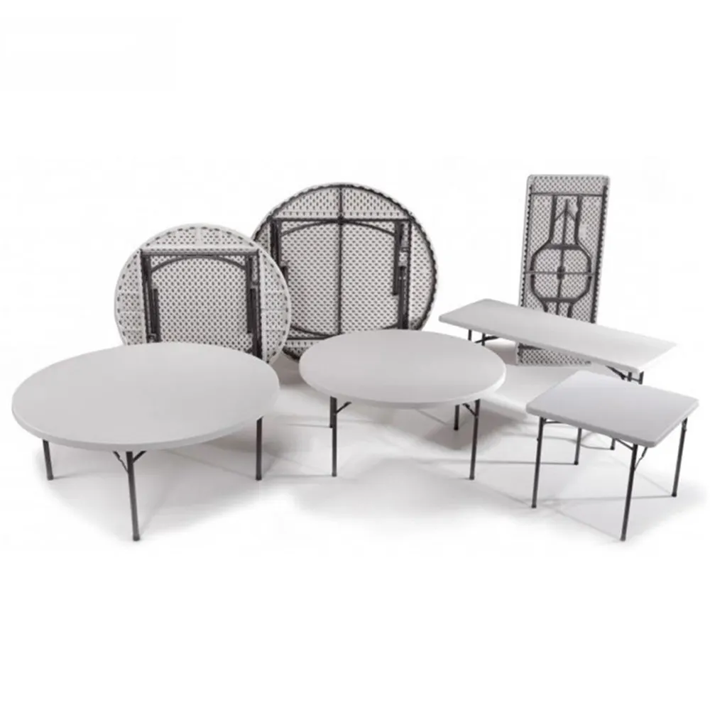 Mesa redonda para restaurante, mesa de plástico para grande família, cor branca, pés de metal, mesa redonda, jardim ao ar livre, utilizando mesa dobrável