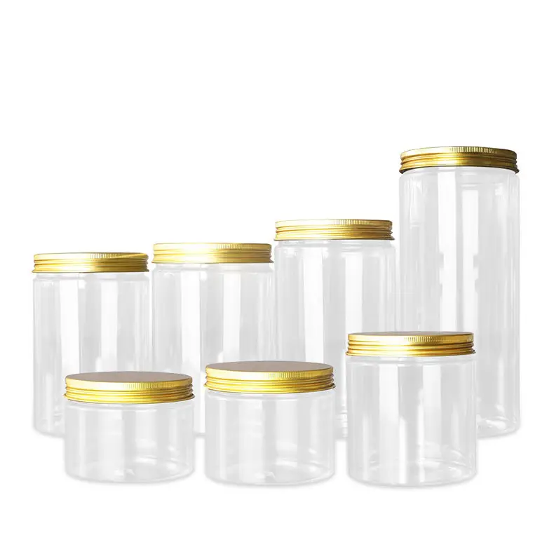 Lege Plastic Clear Zalfpotje 50Ml 100Ml 150Ml 200Ml 250Ml 300Ml 400Ml 500ml Pet Pot Met Aluminium Gold Caps Voor Voedsel