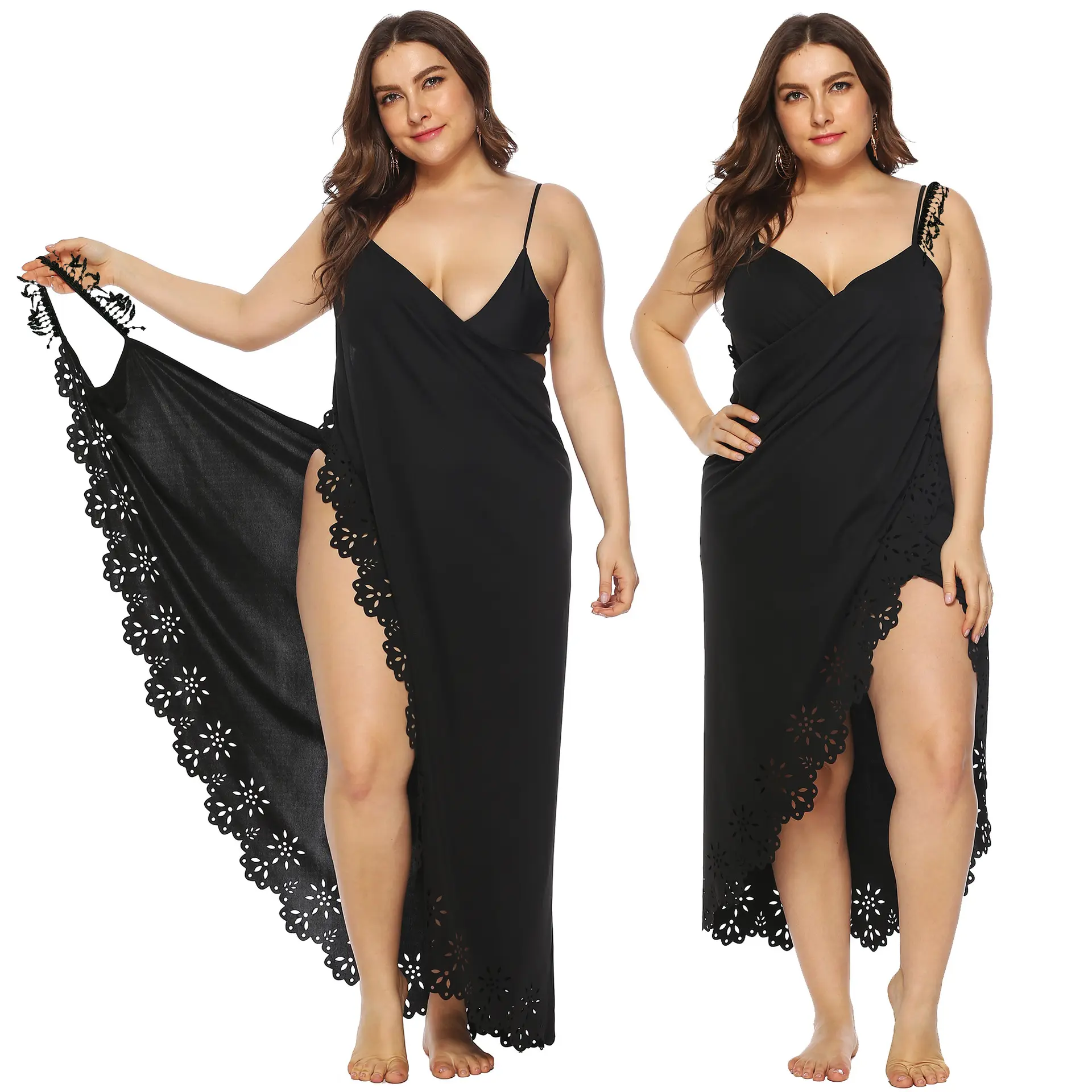 2023 mujeres de talla grande negro Sexy Crochet Vestido de punto moda Bikini largo Vestido de playa cubrir