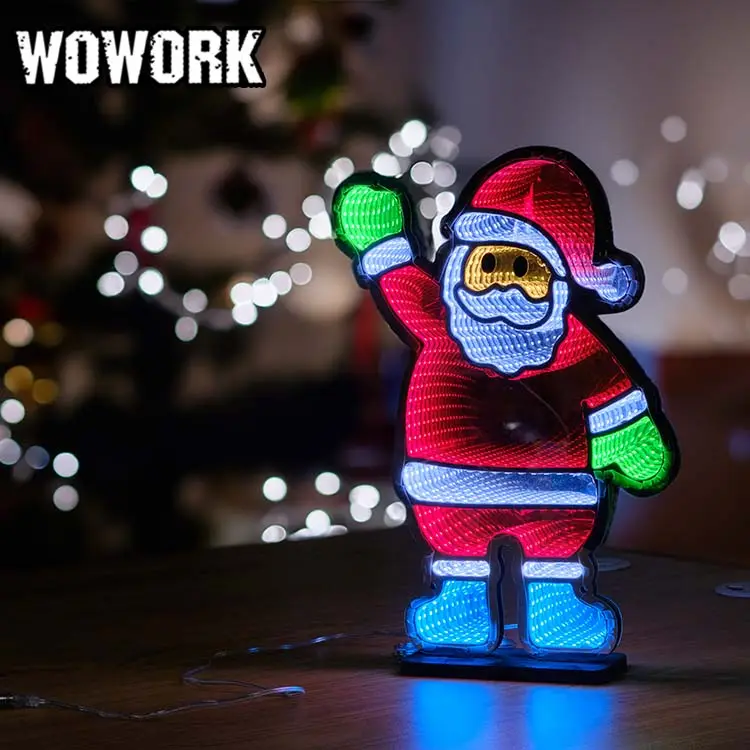 WOWORK New Listing Santa Claus Optical Illusion Lights infinity mirror led sign tunnel light 3d neon decoration for Christmas
