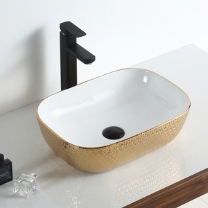 陶瓷卫生洁具台面白色和金色矩形艺术洗手盆浴室厕所水槽 - Product Image 1