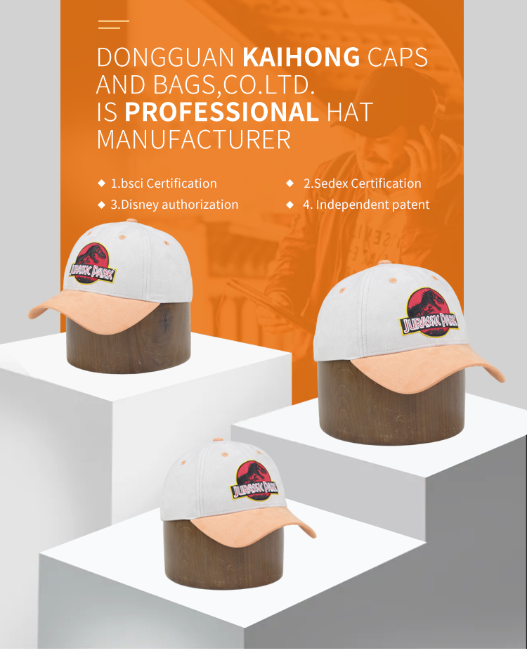 2021 suede fabric cap hot sell jurassic park baseball hat professional OEM logo 5 panel hatscustom cap