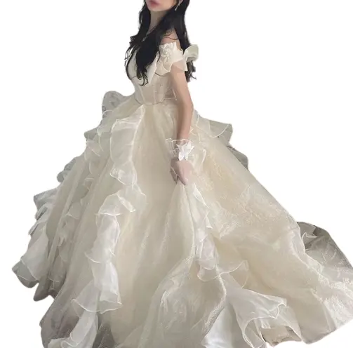 New Arrival ánh sáng sang trọng Trắng Wedding Dress phụ nữ Evening Gown ren cổ tích Puff Dress