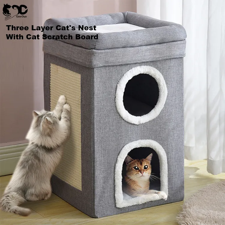 GeerDuo2階建ての冬の暖かいカバー付き家具かわいいモダンなペットコンドミニアム猫隠れ家洞窟ベッドスクラッチパッド付き