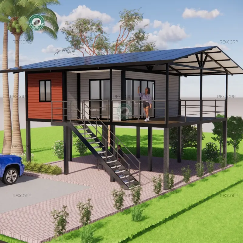 39sqm-Casa contenedor de 2 camas con zancos y 24 M2, terraza, techo de doble paso, Modular, casa prefabricada en cambogia