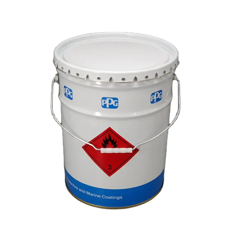 Boîte de fer de 20 litres, baril de peinture en métal, argent uni, dessus blanc, ensemble OEM, Logo personnalisé, heure, Type rond, seau vide, paquet en étain