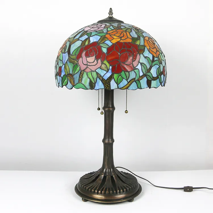 LongHuiJing, 16 pulgadas, flor de Rosa europea, pantalla de cristal, luces de escritorio, lámpara de mesa Tiffany con Base de cobre