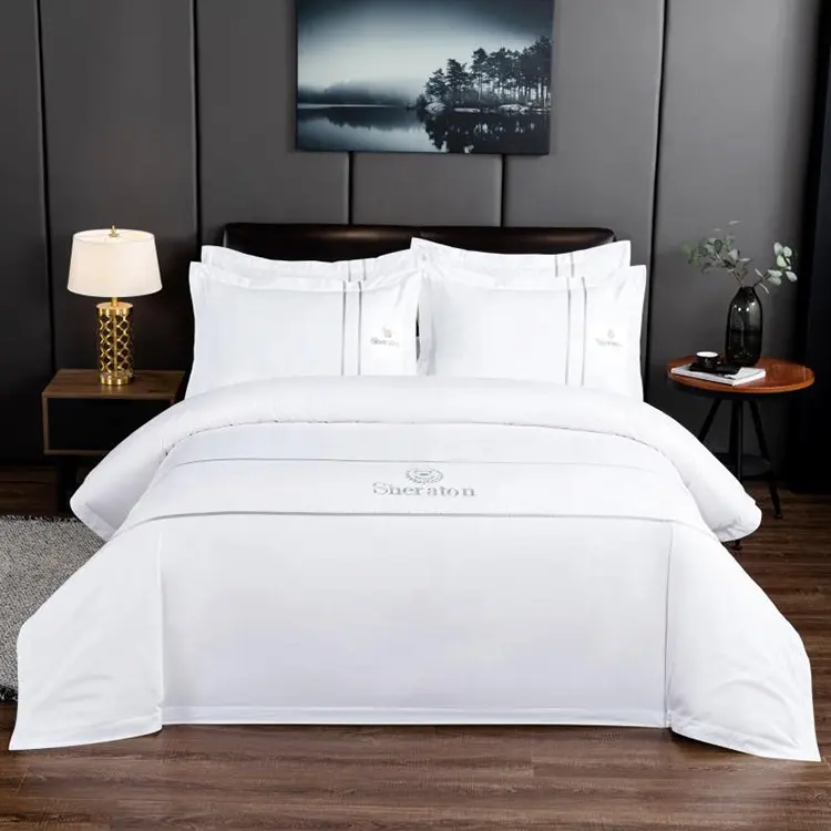Parure de lit classique couleur blanche, style hôtel, draps de lit en coton vintage 60S, housse de couette, logo brodé