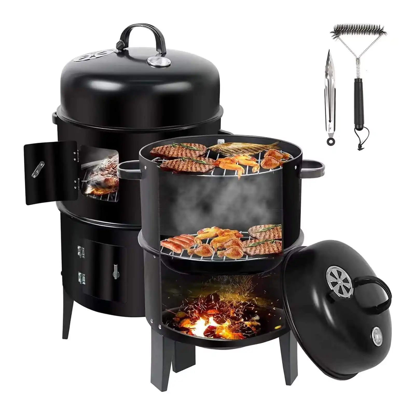 Hot Sale 3 in 1 Smokeless Charcoal Barbecue Grill Smoker 3 Layers Tower Vertical Barrel Charcoal BBQ Grill