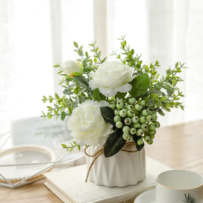 Yapay çiçekler ile küçük seramik vazo okaliptüs Berry bahar çiçek düzenlemeleri ev için düğün masa Centerpieces