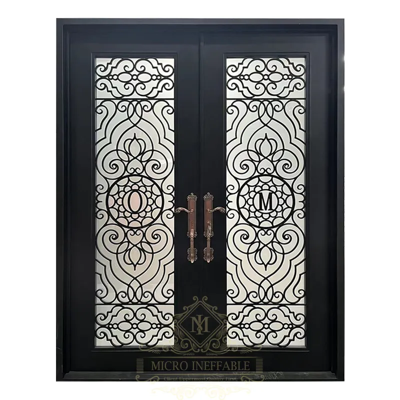 Factory Price Popular Style Wrought Iron Door Security Exterior Double Door With Glass Sidelites