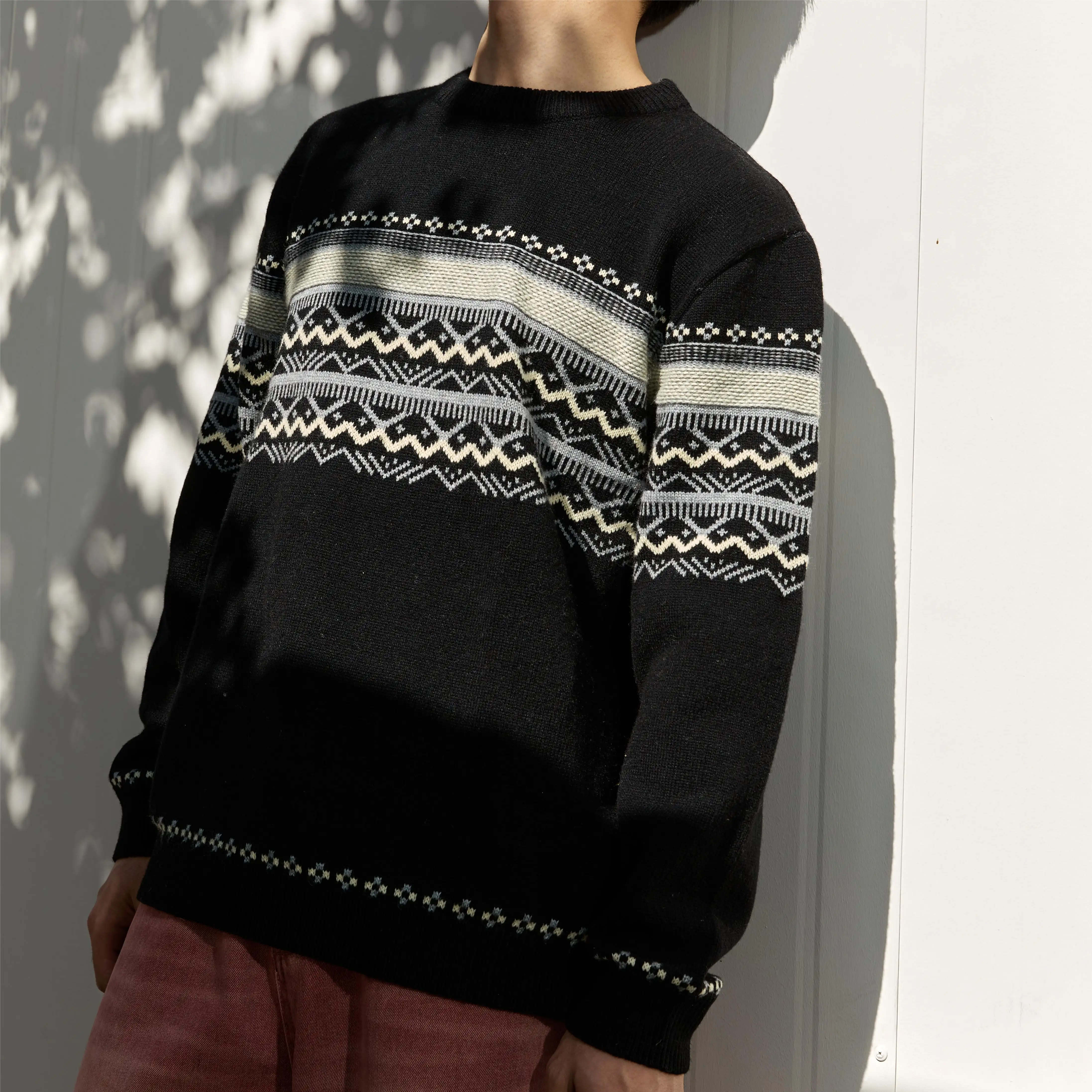 Vente en gros de vêtements pour hommes Pull en laine Fairisle Pull en tricot chaud et épais Pull en cachemire mélangé à col rond pour hommes