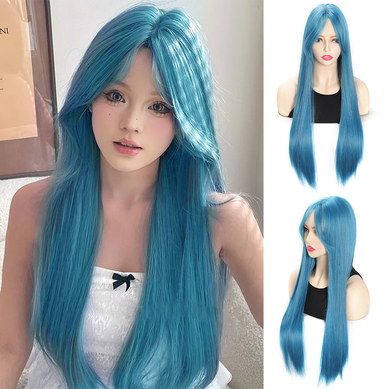 DM428-Frange de huit caractères, lac bleu, longs cheveux raides