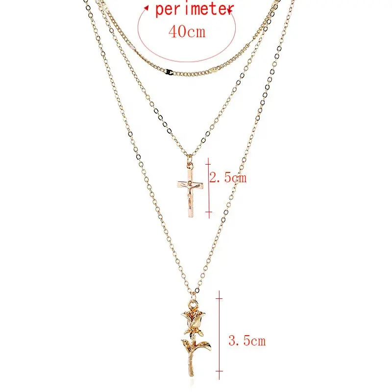 Trendy babygirl women necklace cross and rose pendant gold plated layered necklace