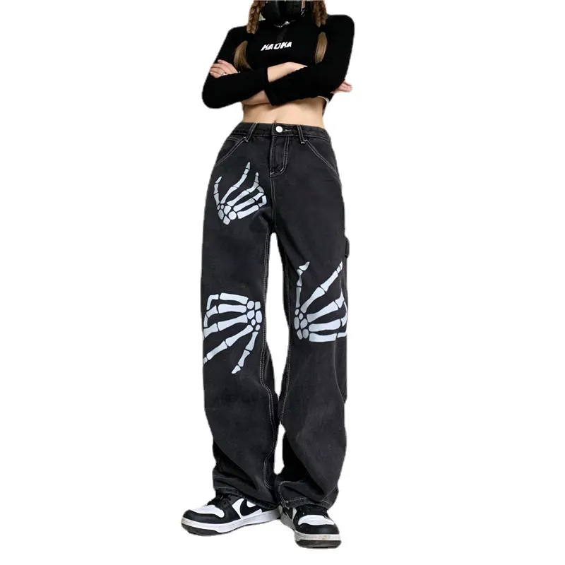 Emo-pantalones vaqueros holgados de pierna ancha para otoño, pantalón gótico Punk, estampado de Calavera, Hip Hop, color negro