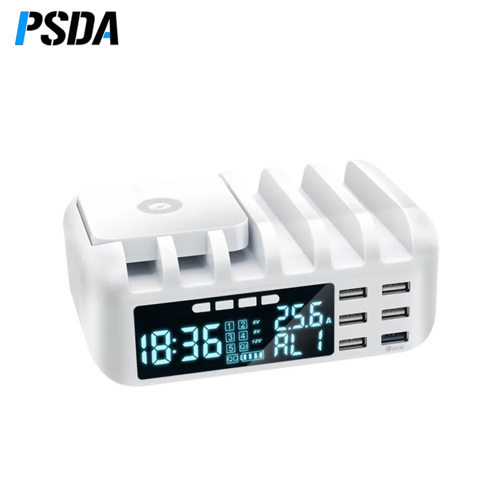 PSDA 48W Multi USB caricabatterie rapido QC3.0 caricabatterie Wireless Lcd con orologio per IPhone 8 11 12 Pro Max stazione di ricarica per Samsung X