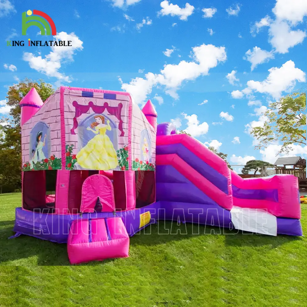 Castillo inflable de princesa para niñas, Combo de castillo inflable rosa con aro de baloncesto para fiesta de cumpleaños