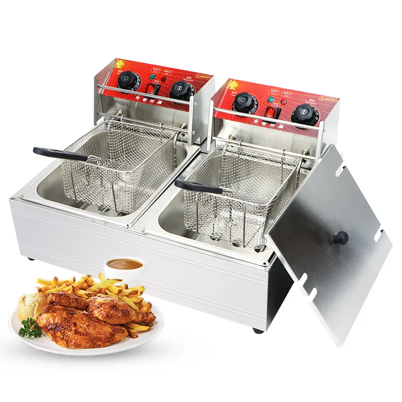 Freidora eléctrica de patatas fritas de acero inoxidable, 2 tanques, 2 cestas, Comercial