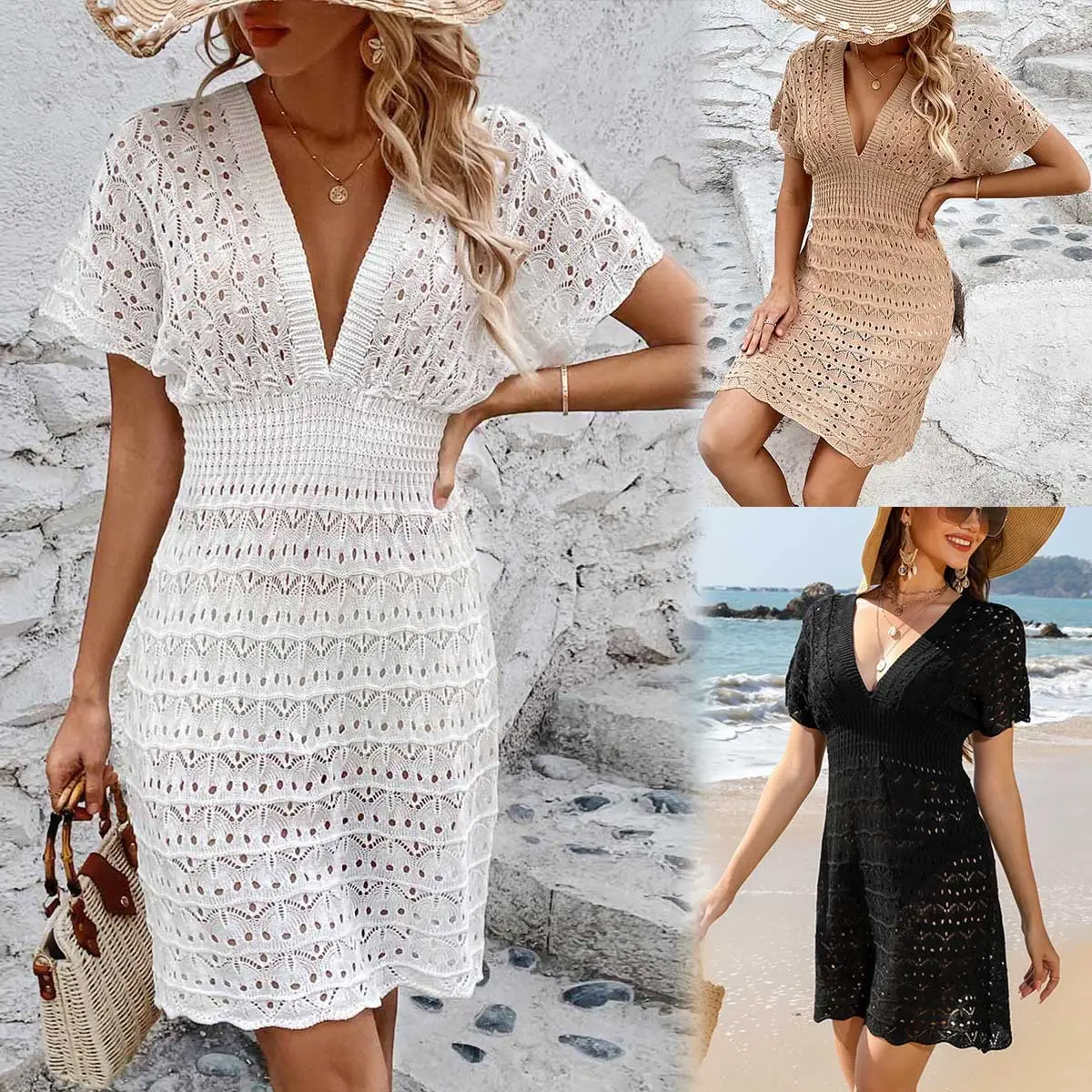 2024 mujeres verano playa vestidos Smock Wave elástico profundo cuello en V ahueca hacia fuera la espalda descubierta ropa de manga corta nueva moda vestido Casual