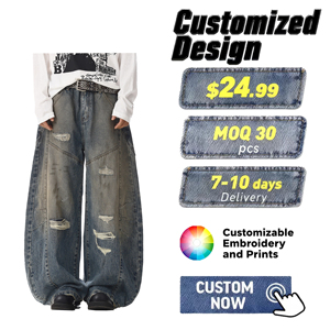 Hochwertige Herren-Jeans im Straight-Baggy-Stil, Streetwear Hip-Hop-Style mit Rissen und Destroyed-Look, Weites Bein - Product Image 1