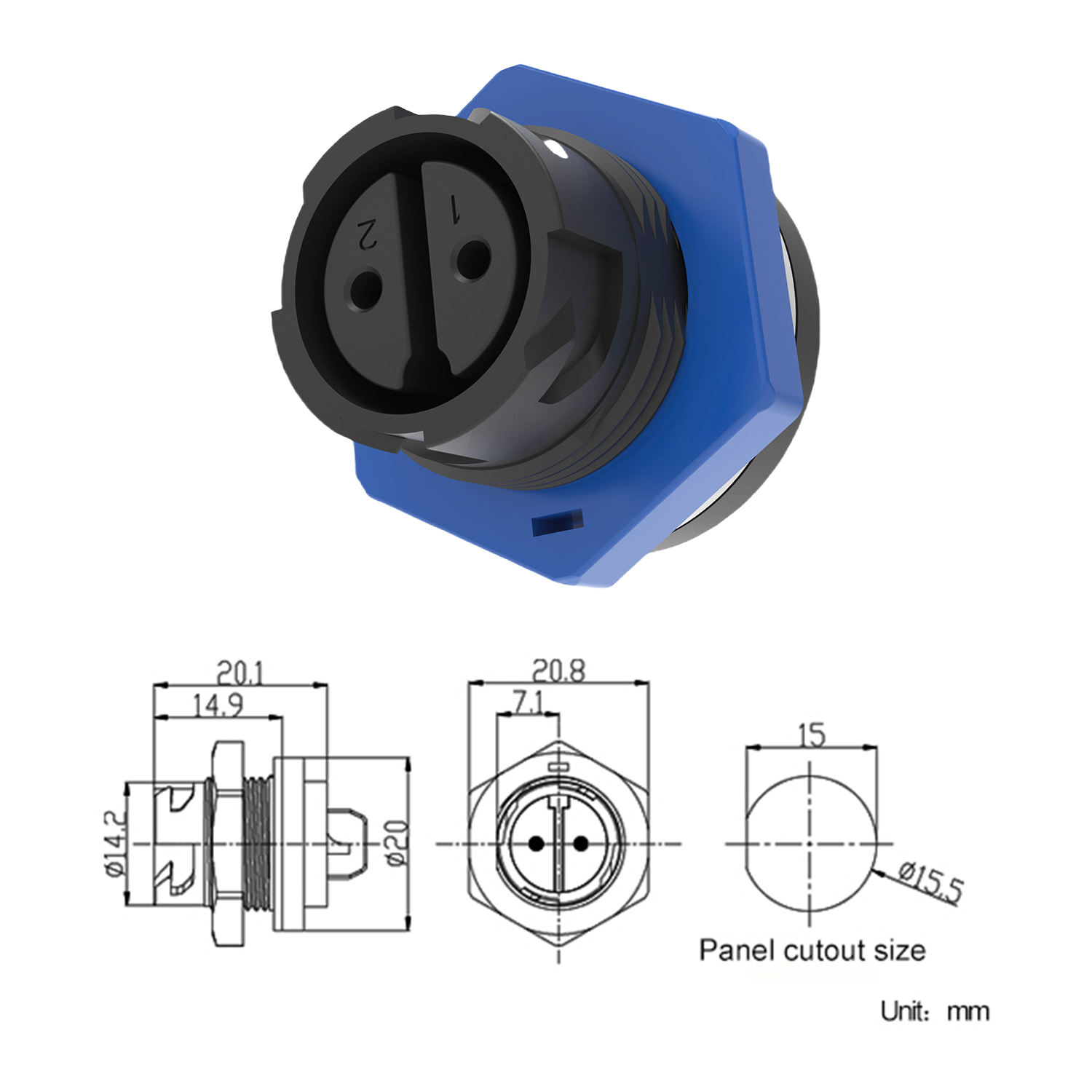 M16 2 pines hembra para montaje en panel
