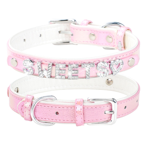 Großhandel Luxus Mikro faser Haustier Hund Name Halsband Anpassbare DIY mit Juwelen Dekoration Solid Pattern PU Material Niet Feature - Product Image 2