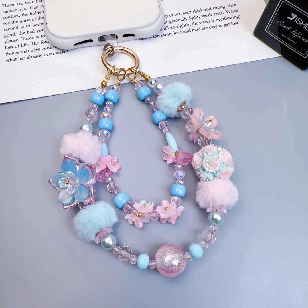 Chaîne courte pour téléphone portable avec boule de fleur lumineuse bleu poudré