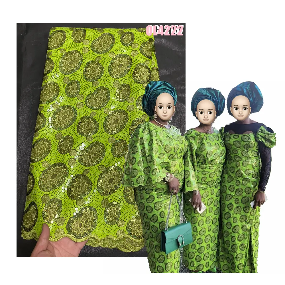 Tecido de renda bordado africano verde oliva de alta qualidade, tecido de renda organela exclusivo, malha dupla, lantejoulas multicoloridas para vestido de festa