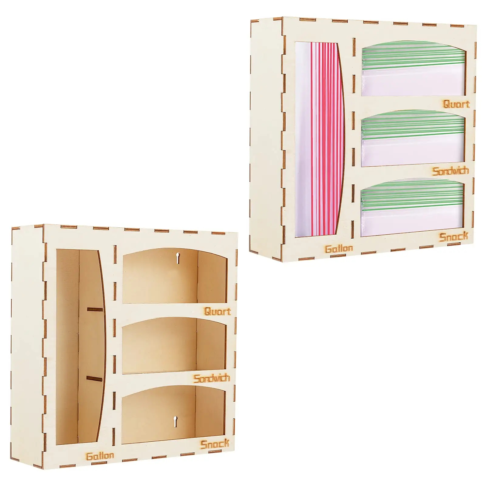Bolsa de bambú con cierre hermético, organizador de almacenamiento o cajón con tapas superiores, soportes y dispensador de alimentos compatibles con Ziplock
