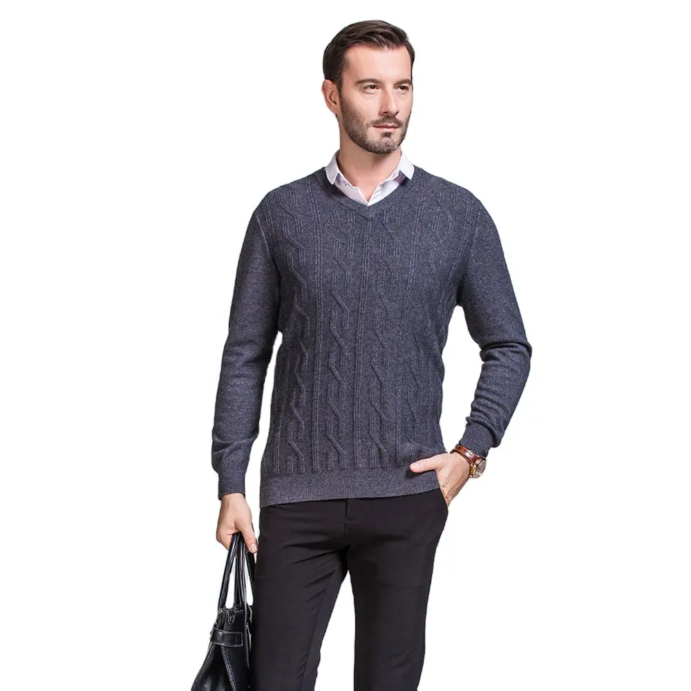 New Cable Knit Thick Men's Cashmere Sweater V-Neck Winter O.E.M. Service Solid Pattern Anti-Pilling Feature