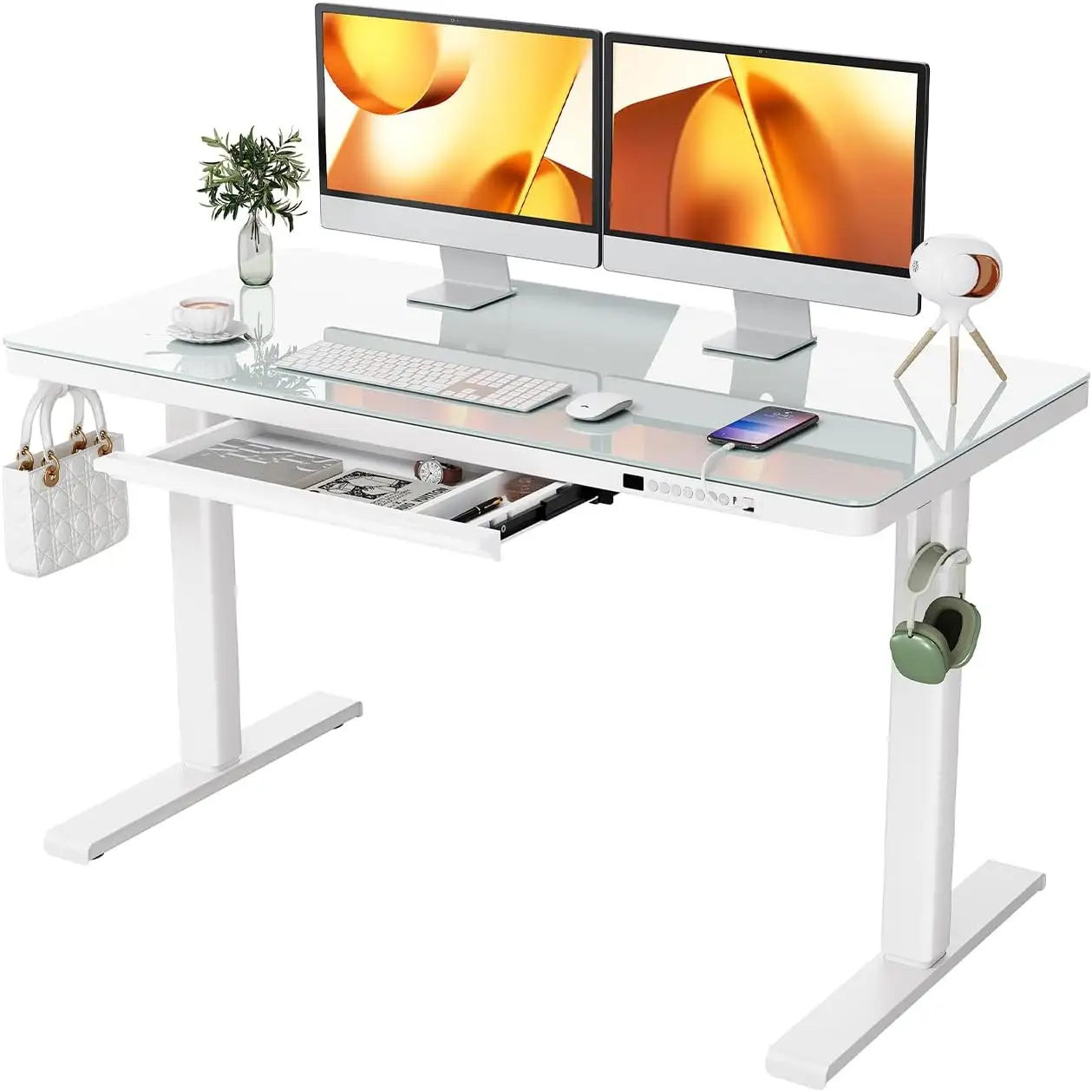 Mesa de escritório com suporte ergonômico para escritório, mesa de escritório com altura ajustável, mesa eletrônica com tampo de vidro, desenho ErGear